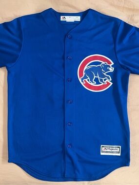 Javy Baez Majestic Blue Chicago Cubs Button-Front Jersey with Red & White Logo